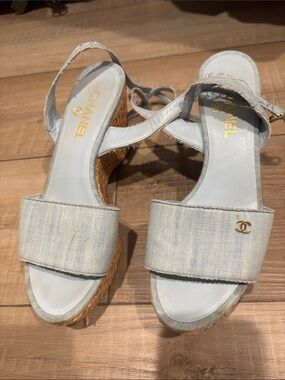 CHANEL Light Denim Raffia Wedge Sandals
